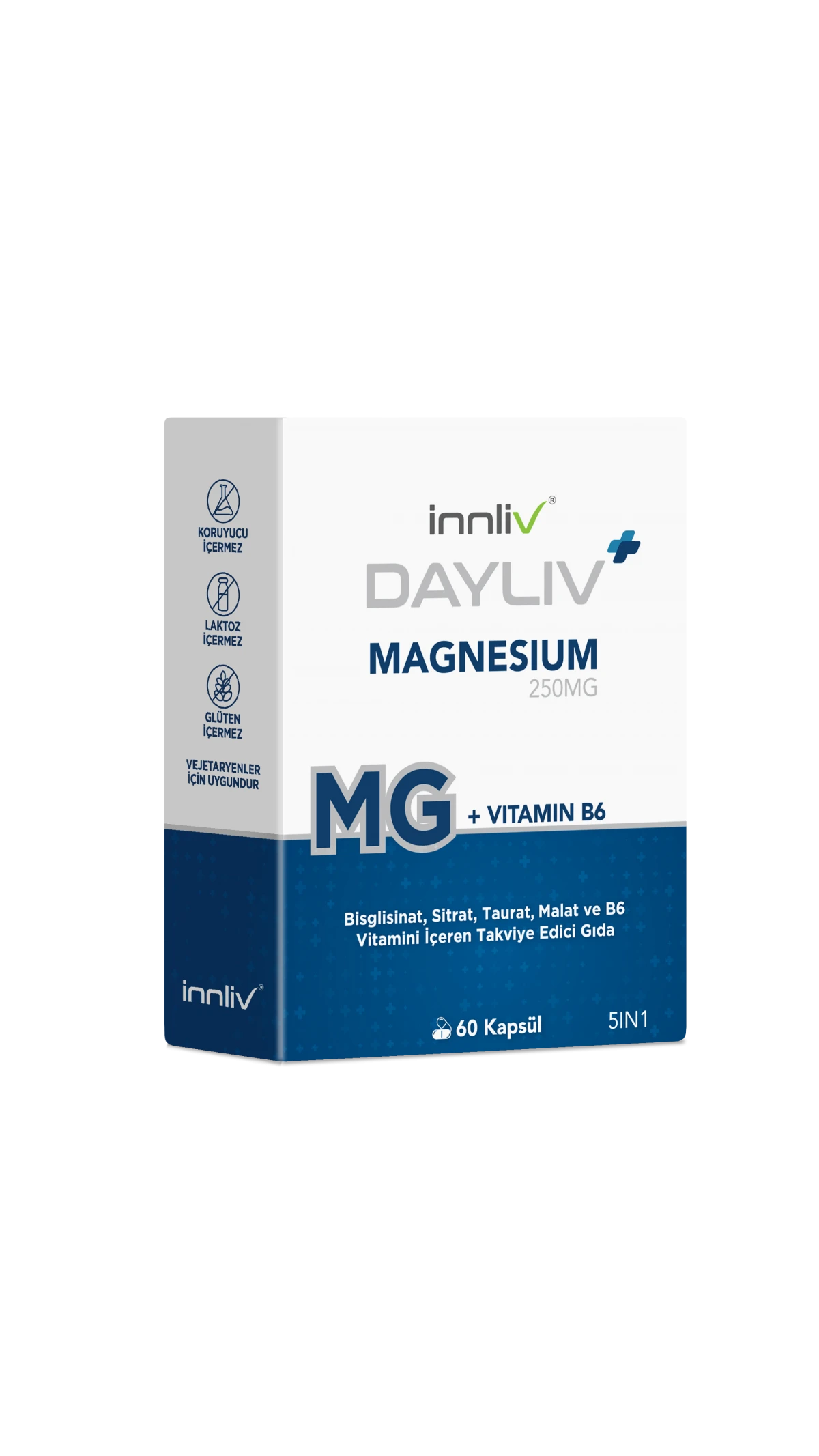 DAYLIV Magnesium (Bisglisinat,Sitrat,Taurat,Malat) ve B6 (P5P) İçeren Takviye Edici Gıda 60 Kapsül