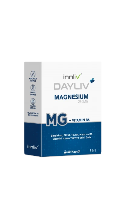 DAYLIV Magnesium (Bisglisinat,Sitrat,Taurat,Malat) ve B6 (P5P) İçeren Takviye Edici Gıda 60 Kapsül
